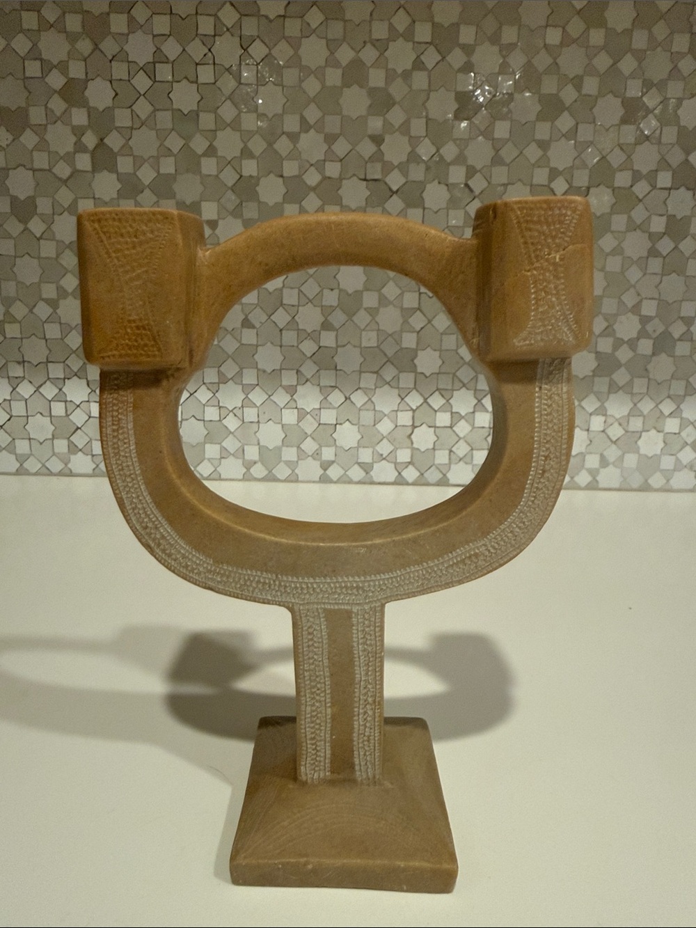 VINTAGE Decorative Stone U-Shaped Candleholder - hand carved